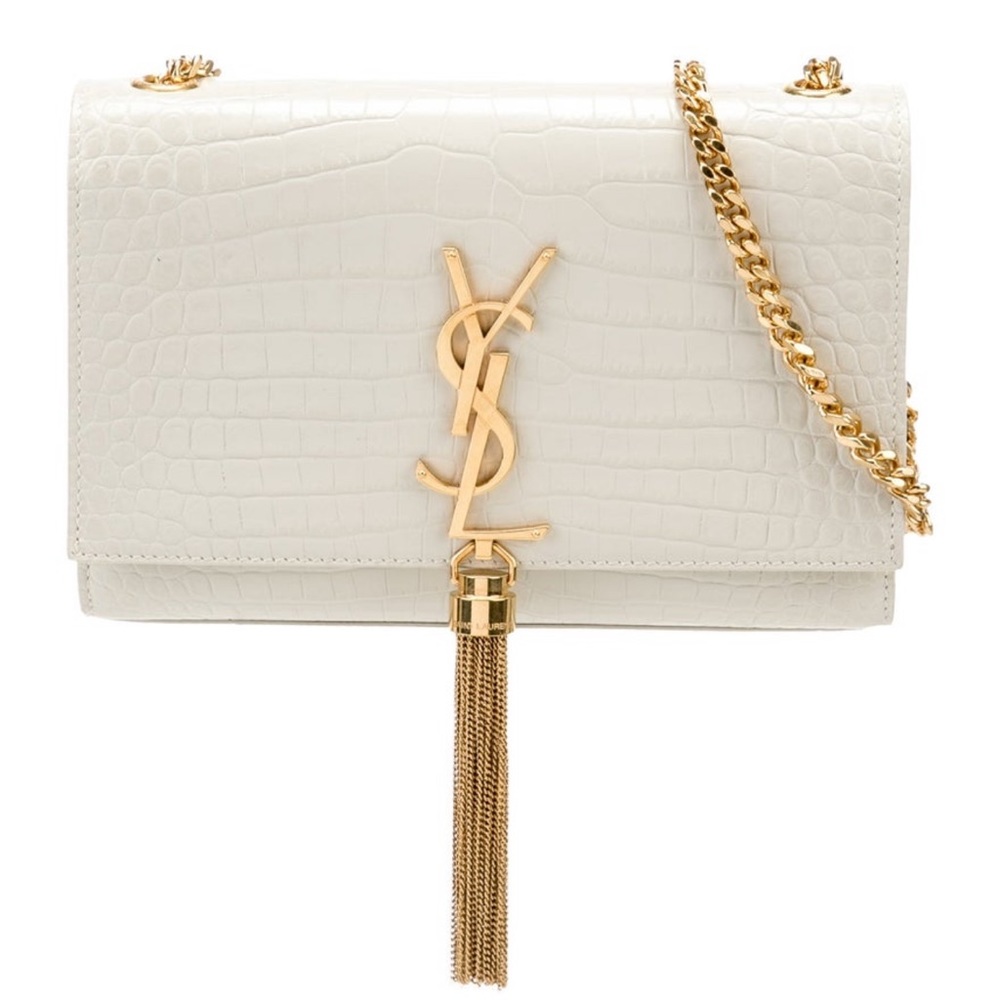 YSL Kate Small White Off Embossed Leather Flap Crossbody Bag Tassel Gold Chain